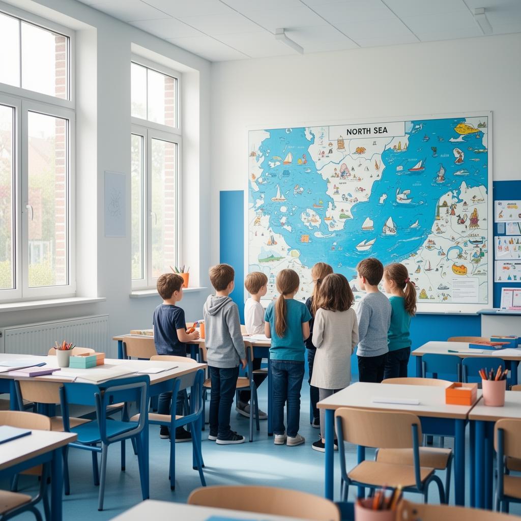 Leerlingen rond een grote wandkaart van de Noordzee in een lichte Belgische klas